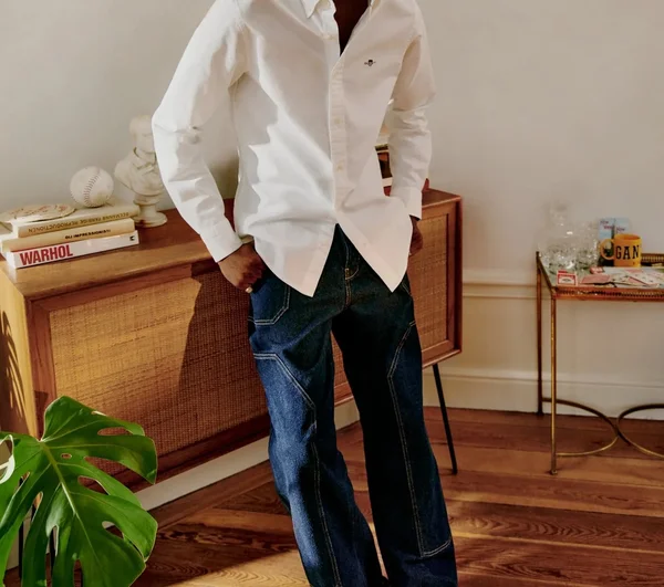 White button-down with dark denim